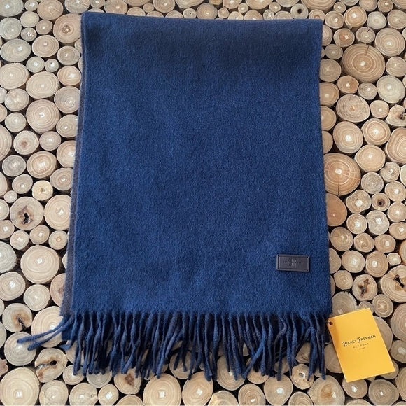 Hickey Freeman Solid Double Face Merino Wool Fringe Scarf Brown/Navy Reversible - Picture 16 of 16